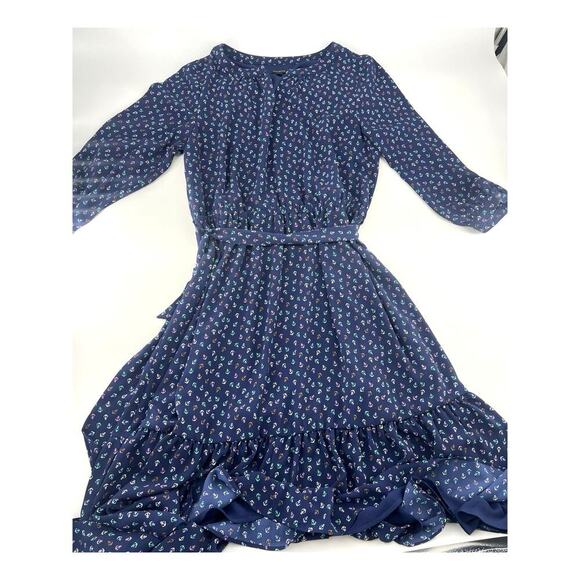 Talbots Womens Dress Size 12 Navy Blue Nautical Anchor Print Tie Waist Flounce - Picture 1 of 11